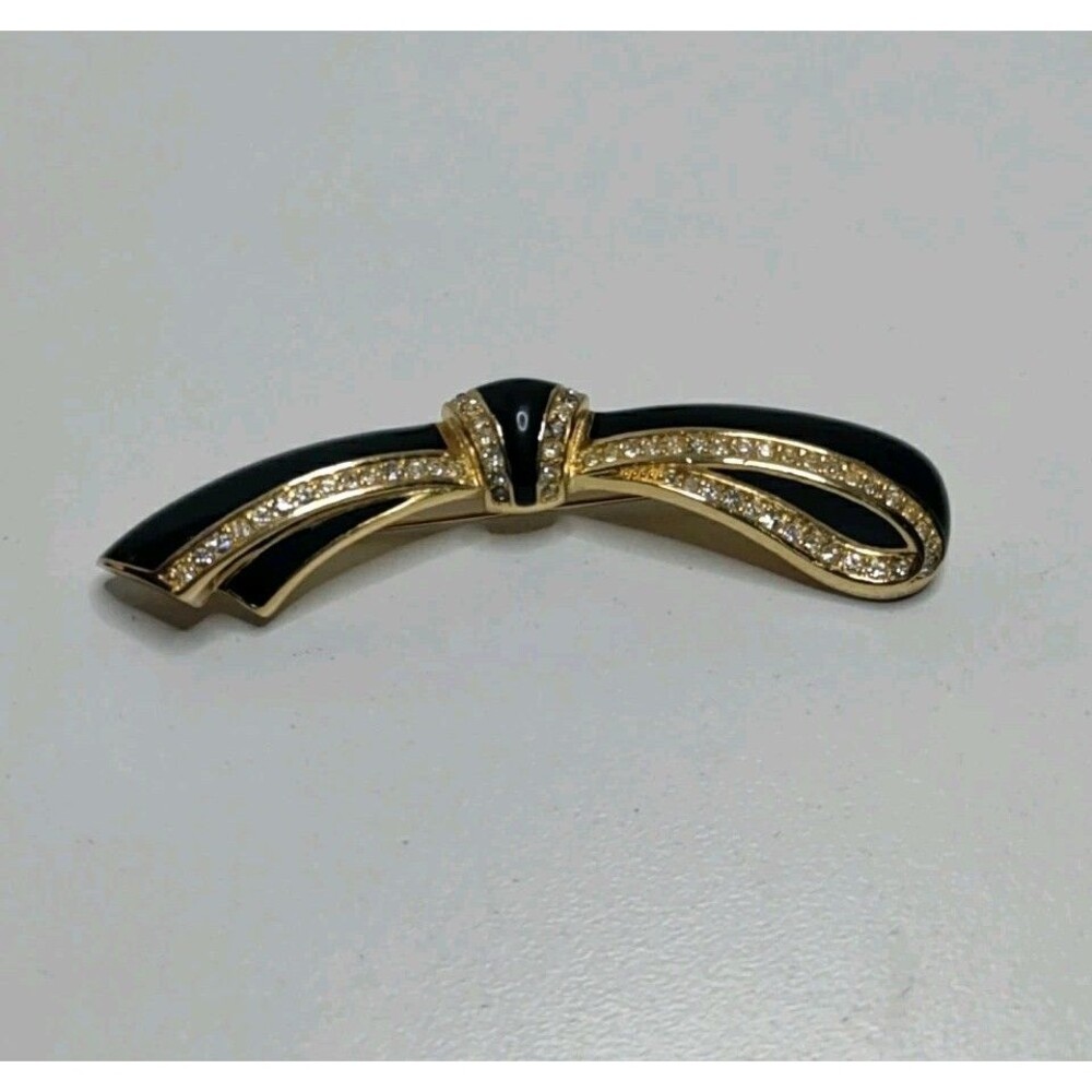 Christian Dior Black Enamel And Crystal Gold Tone Brooch 3.25"  Estate Vintage